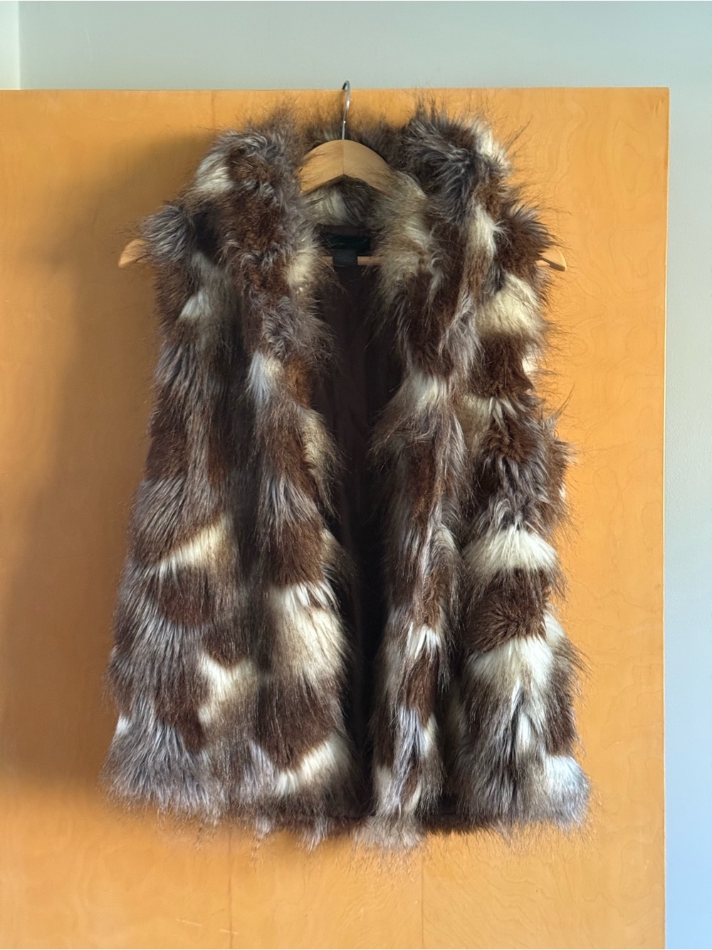 Steve Madden Faux Fur Hooded Vest S/M Brown Cream Boho